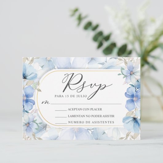Goud Lijst Blauw Bloementuin Nuestra Boda RSVP Kaart (Staand voorkant)