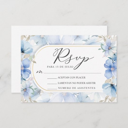 Goud Lijst Blauw Bloementuin Nuestra Boda RSVP Kaart (Voorkant / Achterkant)