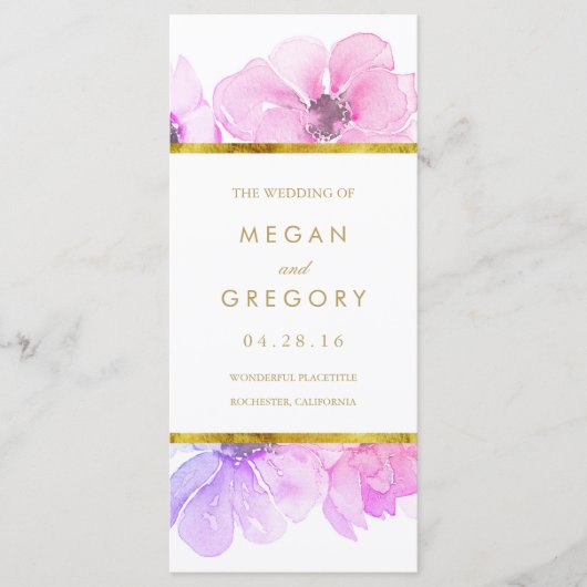 Goud Lijst Blauw en Paarse Bloemen Bruiloft Progra Programmakaart (Voorkant)