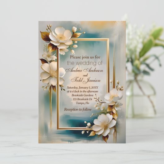 Goud lijst blauwgroen achtergrond wit bloemen brui kaart (Staand voorkant)