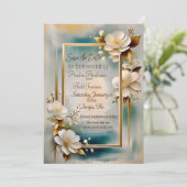 Goud lijst blauwgroen achtergrond wit bloemen brui save the date (Staand voorkant)
