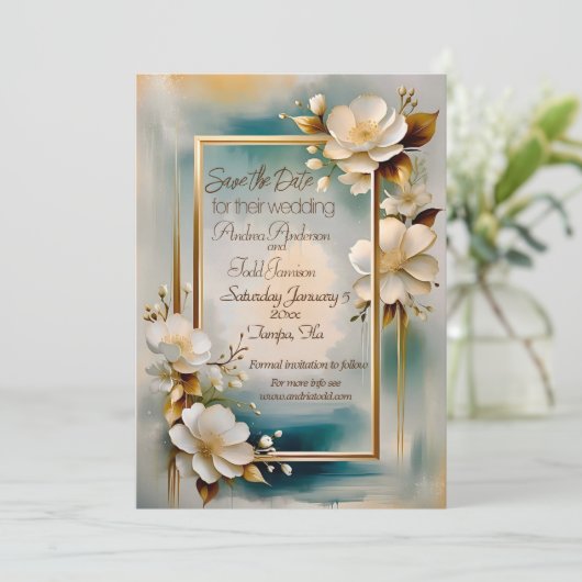 Goud lijst blauwgroen achtergrond wit bloemen brui save the date (Staand voorkant)