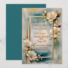 Goud lijst blauwgroen achtergrond wit bloemen brui save the date