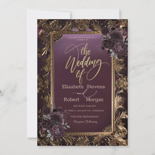  Goud Lijst Bourgogne Rozen bruiloft Kaart (Voorkant)