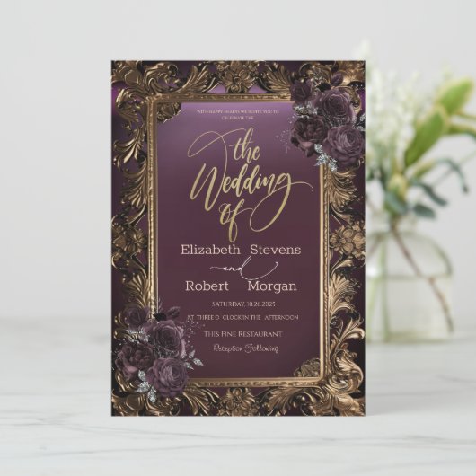  Goud Lijst Bourgogne Rozen bruiloft Kaart (Staand voorkant)