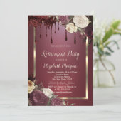 Goud Lijst Bourgogne Rozen Glitter Drips Pensioen Kaart (Staand voorkant)