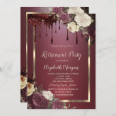 Goud Lijst Bourgogne Rozen Glitter Drips Pensioen Kaart (Voorkant / Achterkant)