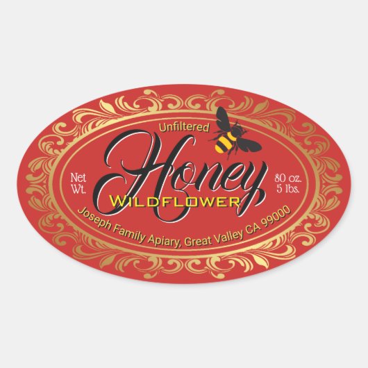 Goud Lijst Bumble Bee Red Honey Jar Ovale Sticker (Voorkant)