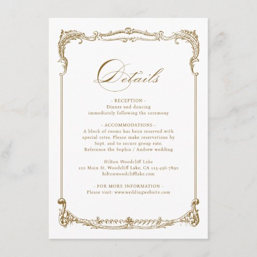 Goud  Lijst Classic Script bruiloft Details Informatiekaartje (Voorkant)