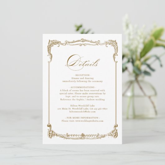 Goud  Lijst Classic Script bruiloft Details Informatiekaartje (Staand voorkant)