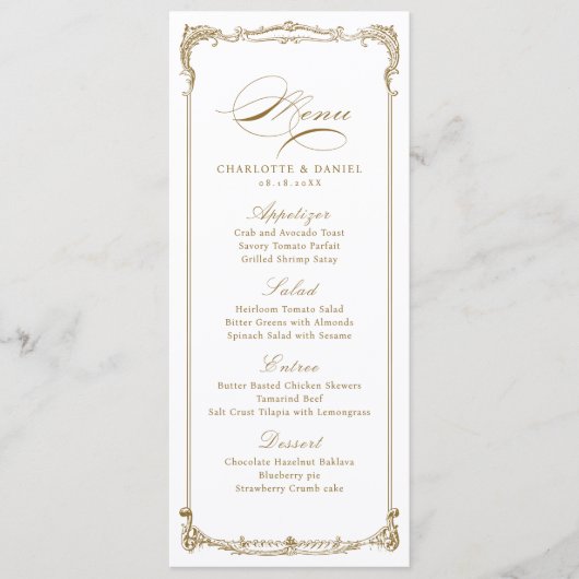 Goud  Lijst Classic Script Bruiloft Menu (Voorkant)