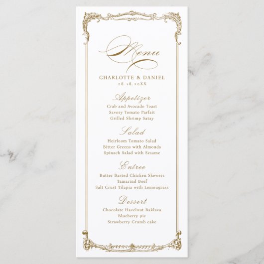 Goud  Lijst Classic Script Bruiloft Menu (Voorkant)