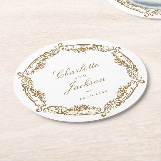 Goud  Lijst Classic Script Bruiloft Ronde Kartonnen Onderzetter (Gebogen)