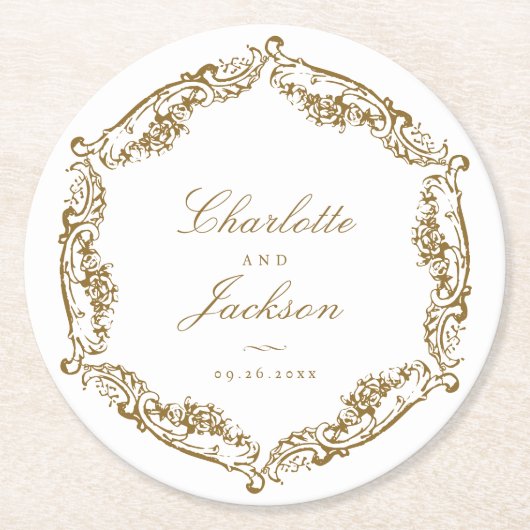 Goud  Lijst Classic Script Bruiloft Ronde Kartonnen Onderzetter (Voorkant)