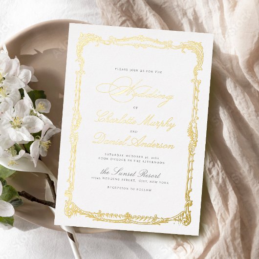 Goud Lijst Classic Script Eenvoudige bruiloft Folie Uitnodiging