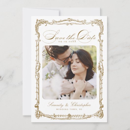 Goud  Lijst Classic Script Foto Bruiloft Save The Date (Voorkant)