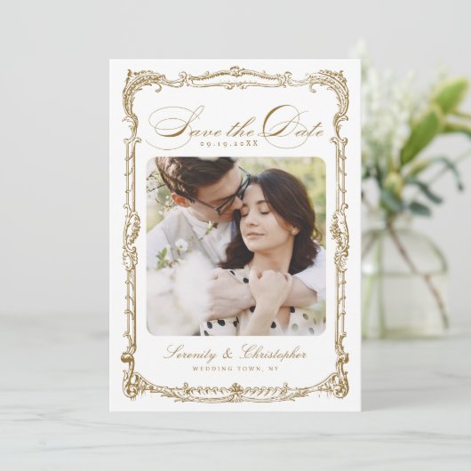 Goud  Lijst Classic Script Foto Bruiloft Save The Date (Staand voorkant)