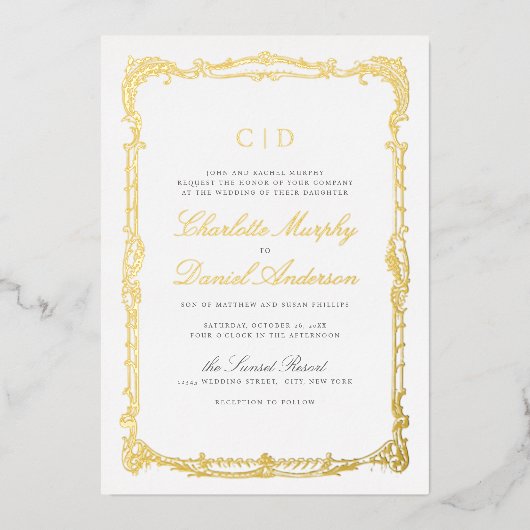 Goud  Lijst Classic Script Monogram Bruiloft Folie Uitnodiging (Voorkant)