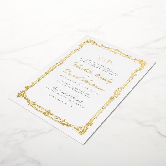 Goud Lijst Classic Script Monogram Bruiloft Folie Uitnodiging (Gedraaid)