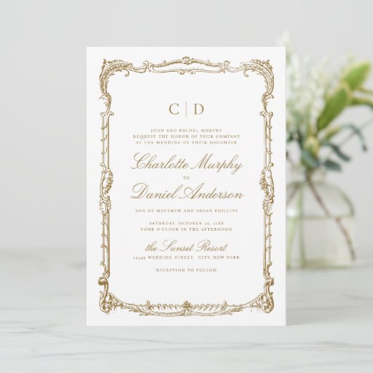 Goud Lijst Classic Script Monogram Bruiloft Kaart (Staand voorkant)