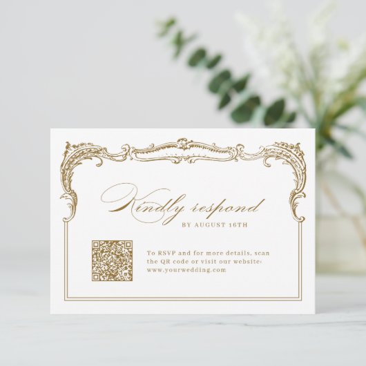 Goud  Lijst Classic Script QR code bruiloft RSVP Kaartje (Staand voorkant)