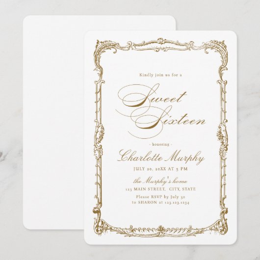 Goud  Lijst Classic Script Sweet Sixteen Kaart (Voorkant / Achterkant)