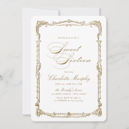 Goud  Lijst Classic Script Sweet Sixteen Kaart (Voorkant)