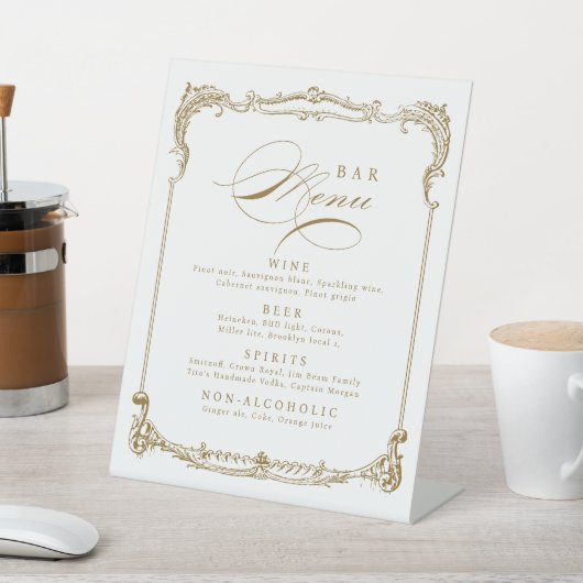 Goud  Lijst Classic Script Wedding Bar Menu Reclamebord Met Voetstuk (Insitu)