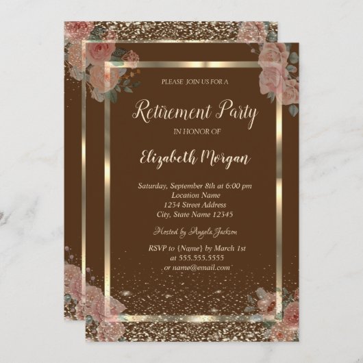 Goud Lijst Confetti Boho Rozen Bruin Pensioen Kaart (Voorkant / Achterkant)