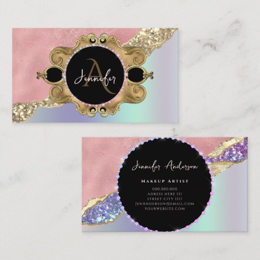 Goud Lijst Elegant diamant Roze Holografisch Visitekaartje (Voorkant / Achterkant)