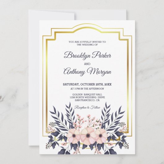Goud Lijst en bloemenboeket bruiloft Kaart (Voorkant)
