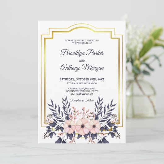 Goud Lijst en bloemenboeket bruiloft Kaart (Staand voorkant)