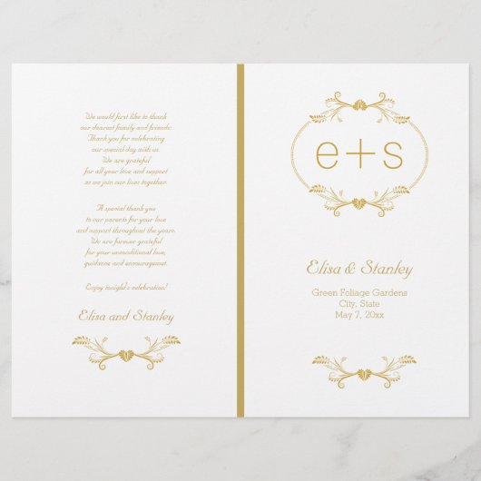 Goud lijst en initialen gevouwen trouwprogramma (Voorkant)