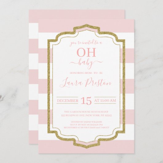 Goud Lijst en roze stropen OH Baby shower Kaart (Voorkant / Achterkant)