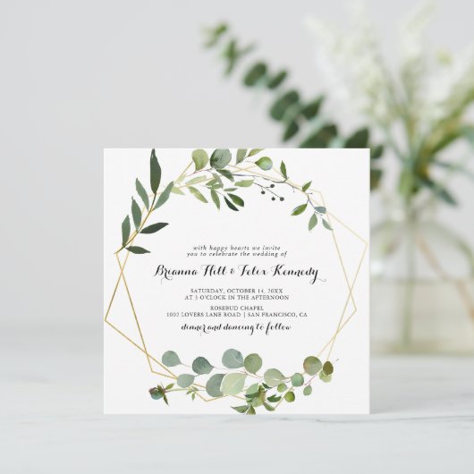 Goud Lijst Eucalyptus Kalligrafie Vierkant Bruilof Kaart (Staand voorkant)