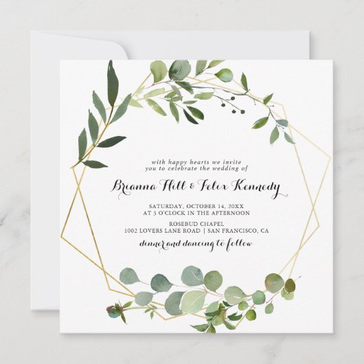 Goud Lijst Eucalyptus Kalligrafie Vierkant Bruilof Kaart (Voorkant)