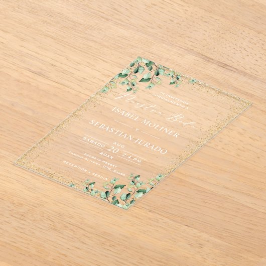 Goud Lijst Groen Nuestra Boda Spaans Bruiloft Acryl Uitnodigingen (Laagn)