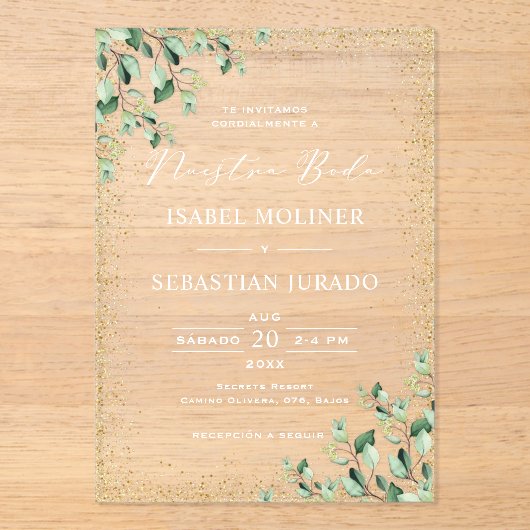 Goud Lijst Groen Nuestra Boda Spaans Bruiloft Acryl Uitnodigingen (Voorkant)