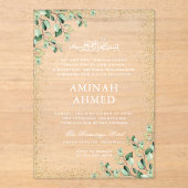 Goud Lijst groen verlaat islamitische Aqiqa Aqeeqa Acryl Uitnodigingen (Voorkant)
