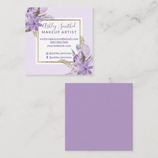 Goud lijst lavender florale waterverf make-up vierkante visitekaartje (Voorkant / Achterkant)