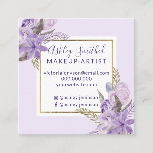 Goud lijst lavender florale waterverf make-up vierkante visitekaartje (Voorkant)