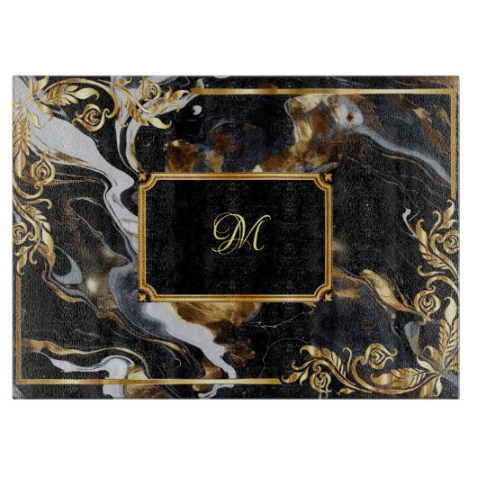 Goud  Lijst Marmer Donkerblauw Inktmonogram Snijplank (Voorkant)