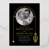 Goud lijst met blad en foto zwart bruiloft folie uitnodiging (Voorkant)