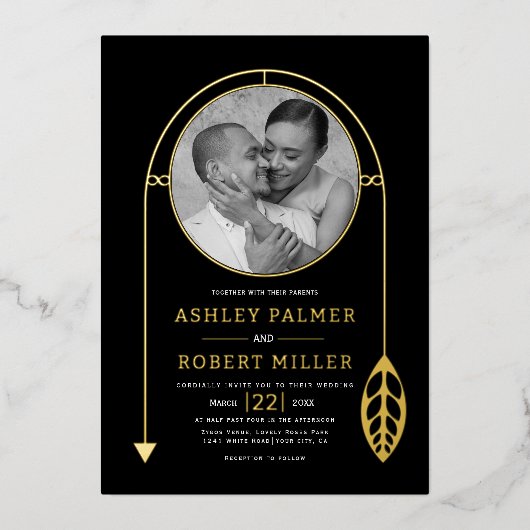 Goud lijst met blad en foto zwart bruiloft folie uitnodiging (Voorkant)