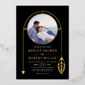 Goud lijst met blad en foto zwart folie uitnodiging (Voorkant)