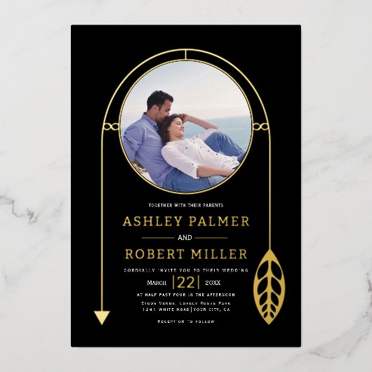 Goud lijst met blad en foto zwart folie uitnodiging (Voorkant)