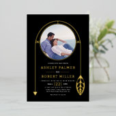 Goud lijst met blad en foto zwart folie uitnodiging (Staand Voorkant)