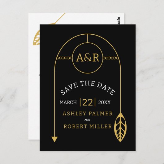 Goud lijst met blad en initialen Save the Date Briefkaart (Voorkant / Achterkant)