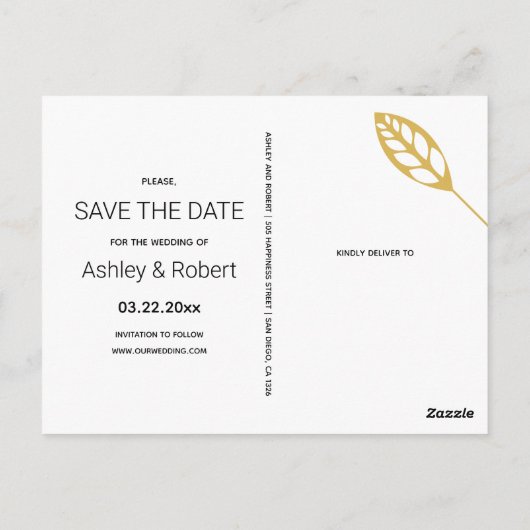 Goud lijst met blad en initialen Save the Date Briefkaart (Achterkant)
