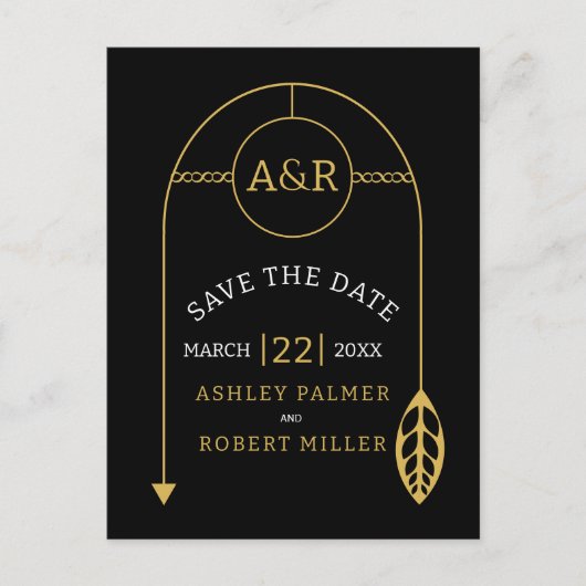 Goud lijst met blad en initialen Save the Date Briefkaart (Voorkant)